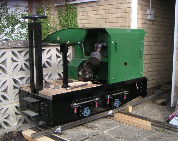 Three quarters view of the loco stabled on the patio